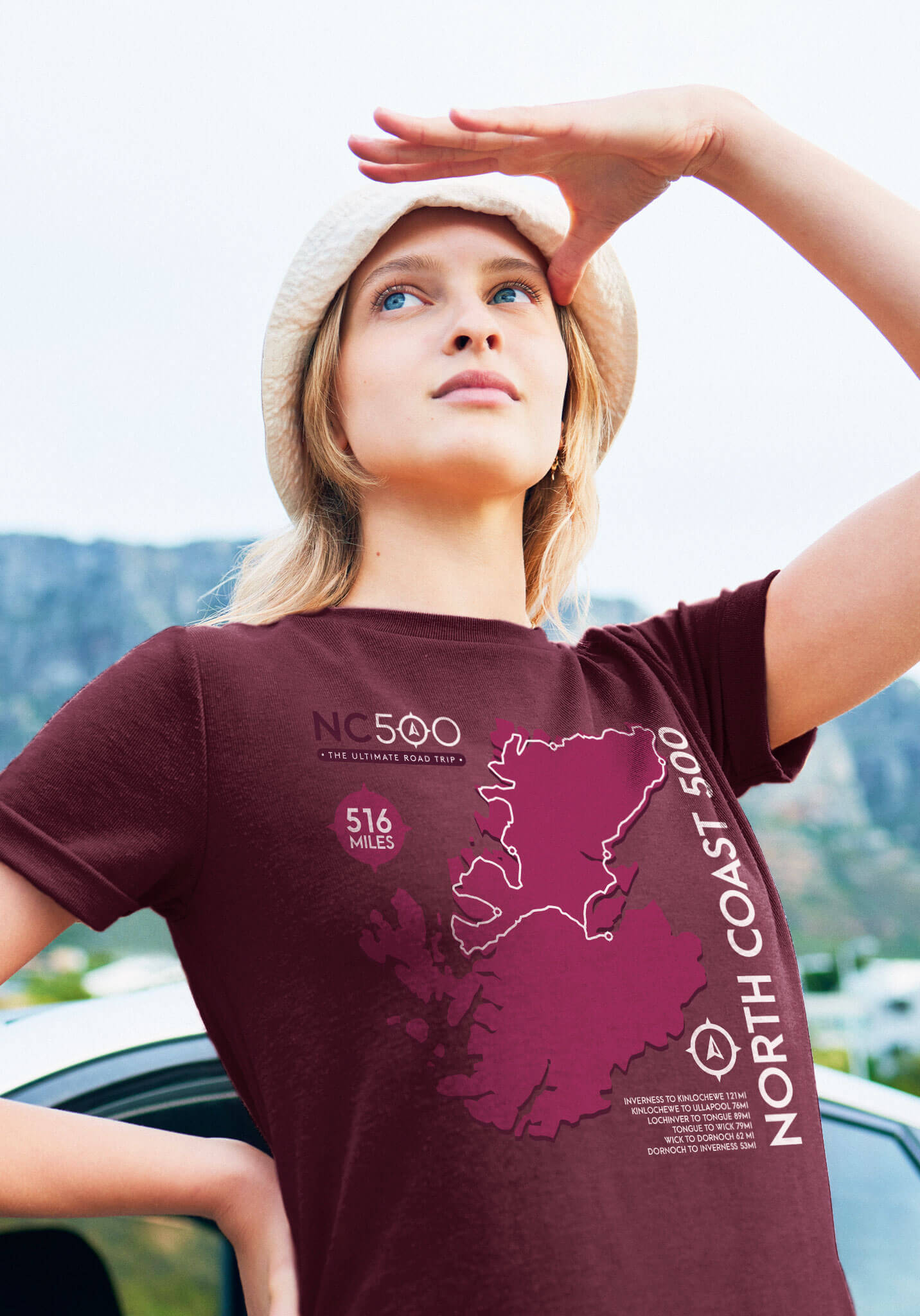 Lifestyle image of woman wearing a t-shirt from the NC500 Map collection