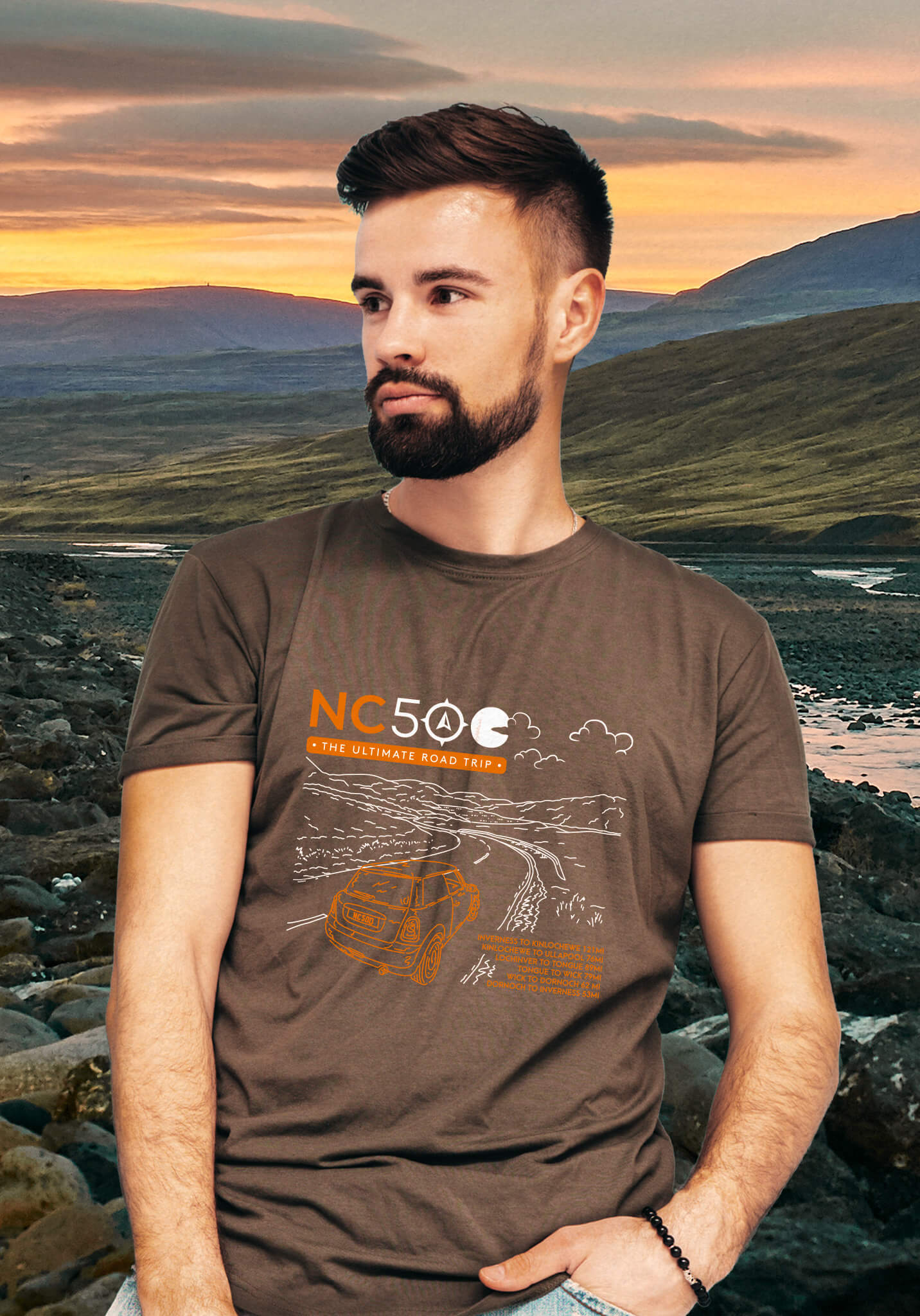 Man wearing a t-shirt from the Road Ahead collection