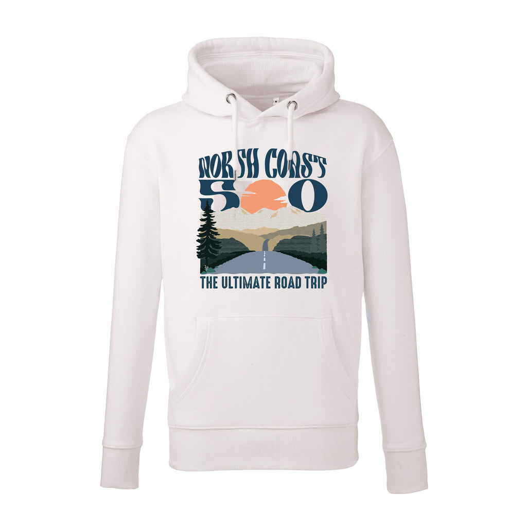 Back view of Eco Raw hoodie printed with NC500 Into The Sunset graphic