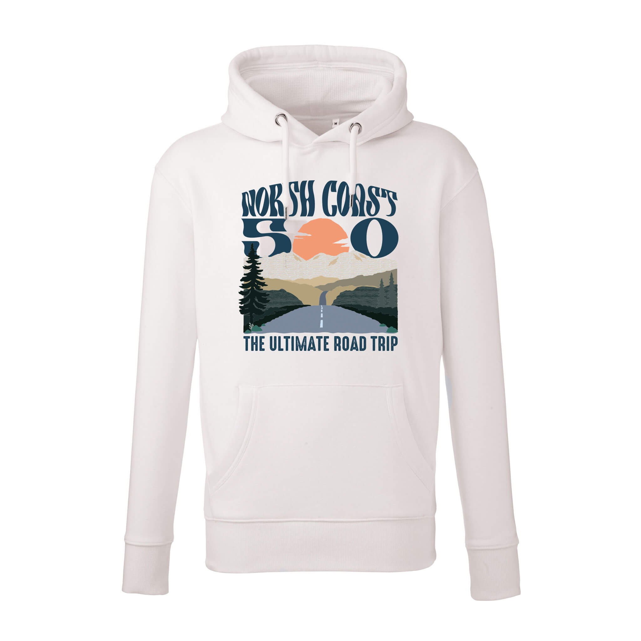 Back view of Eco Raw hoodie printed with NC500 Into The Sunset graphic