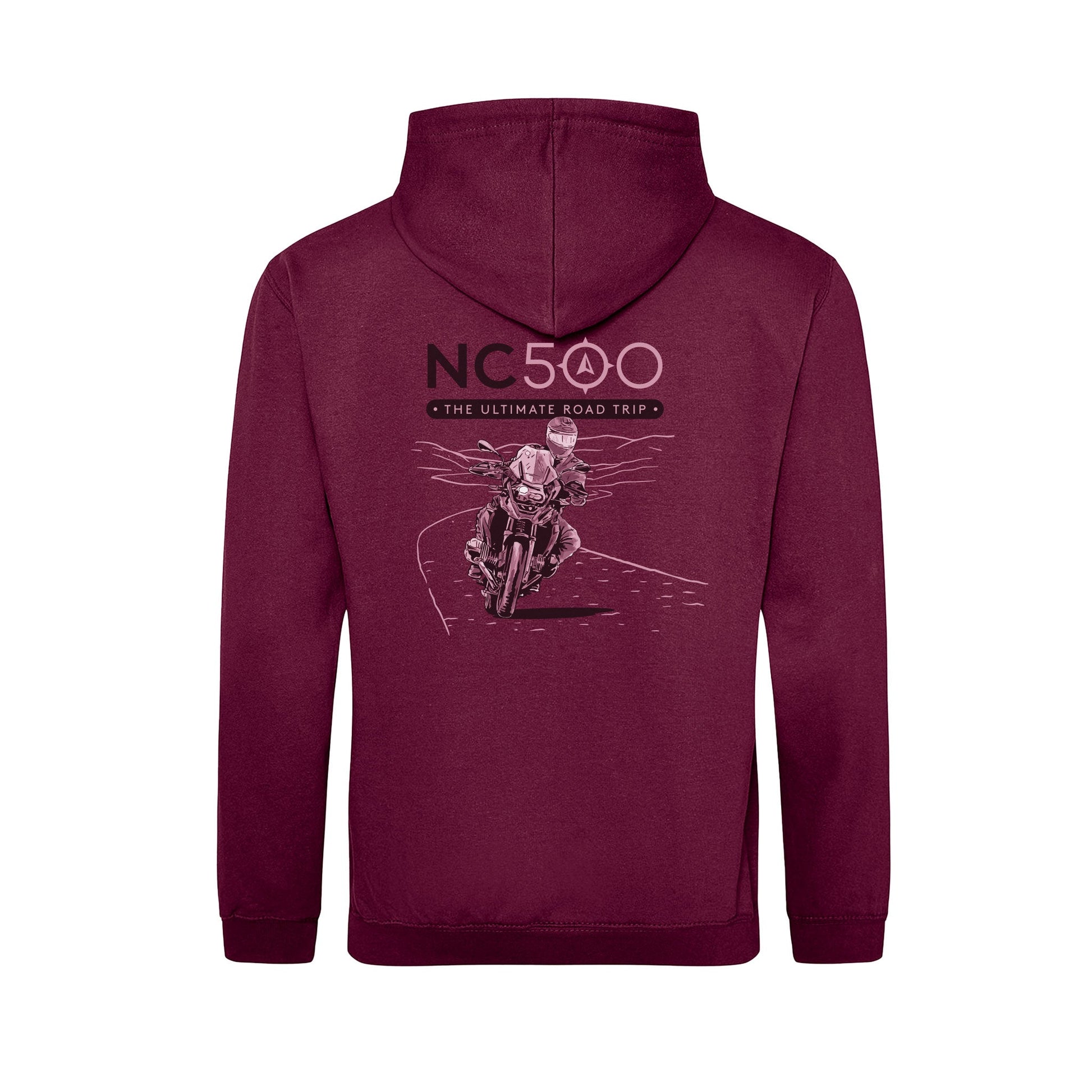 Biker Hoodie | Burgundy | Back | North Coast 500