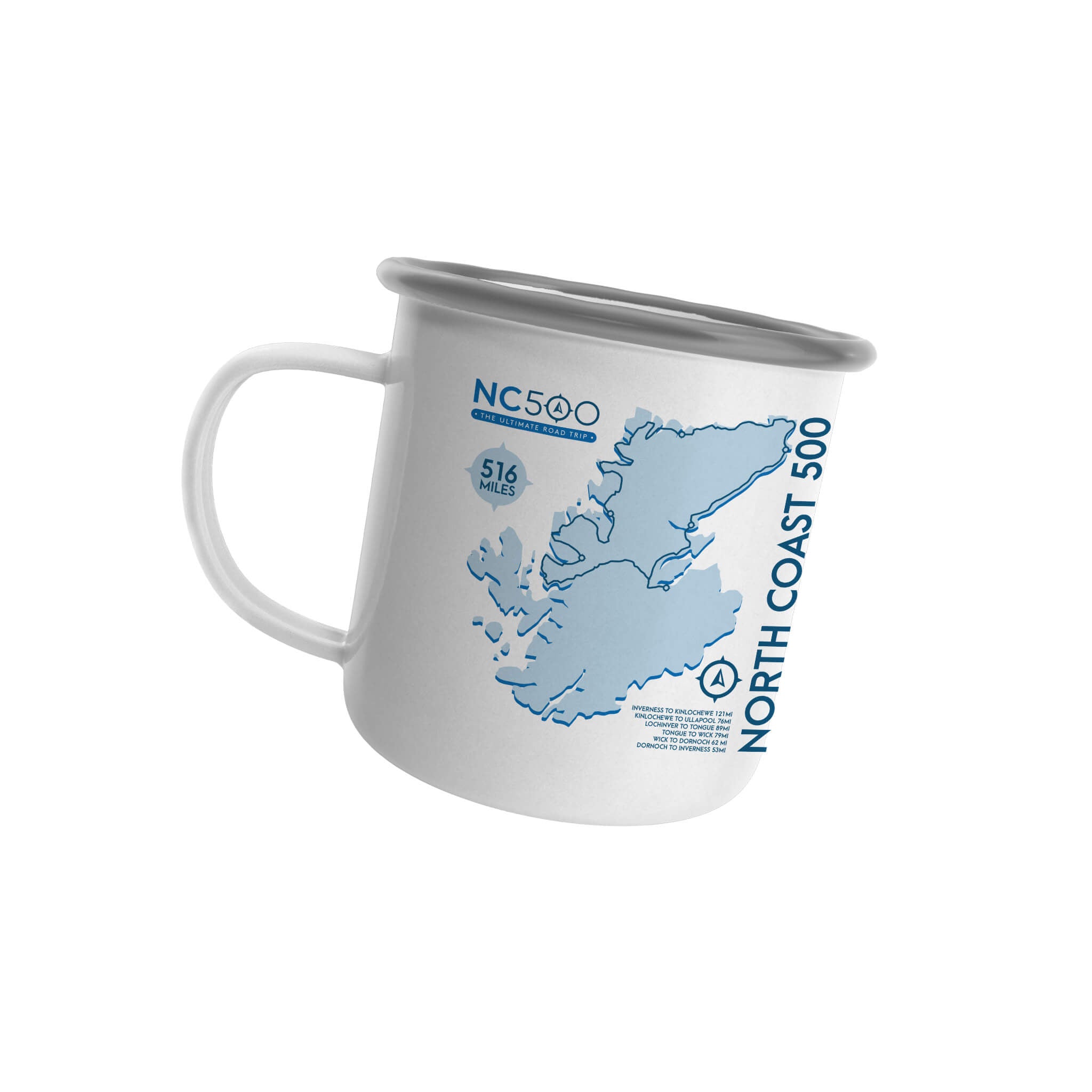 A metal enamel camping mug with graphic of North Coast 500 route