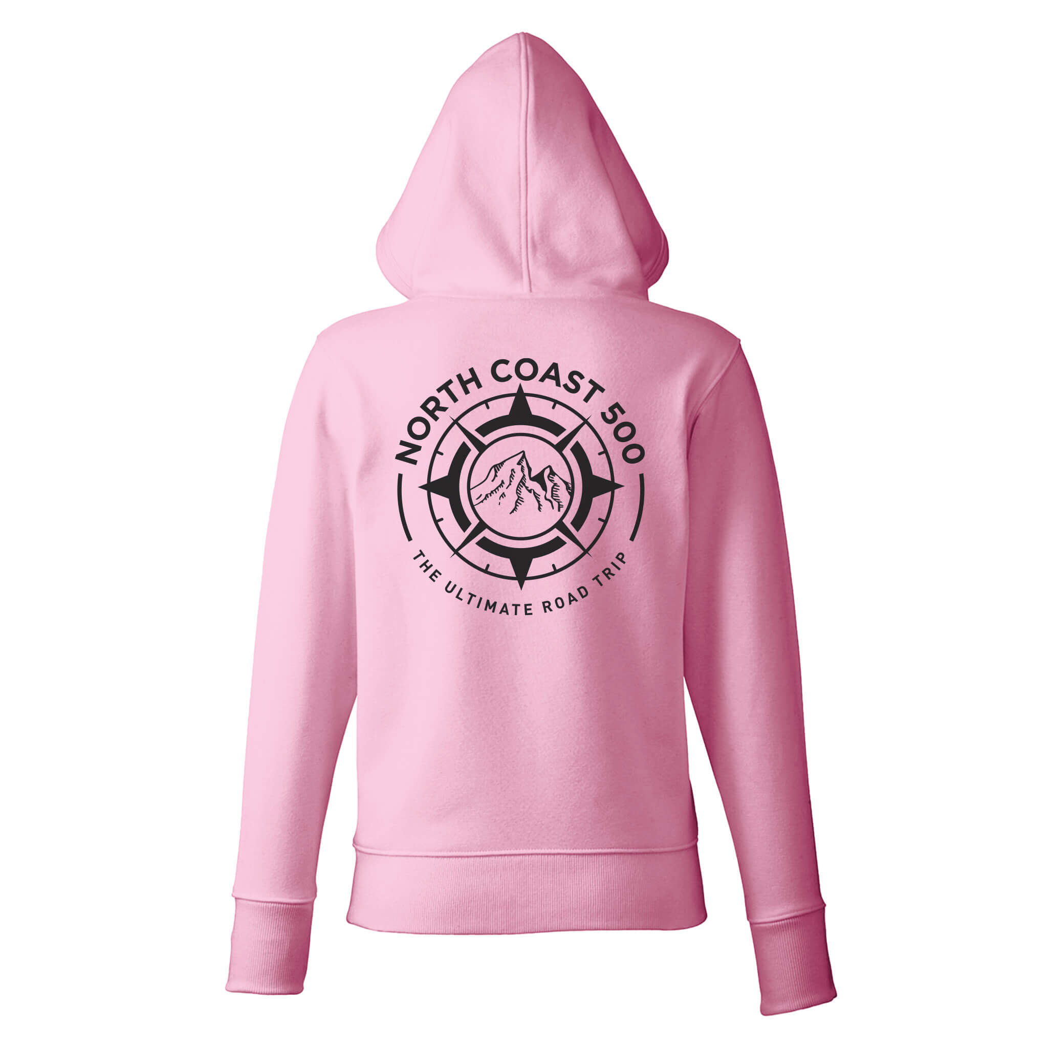 Back view of women's pink organic cotton hoodie with NC500 compass design.