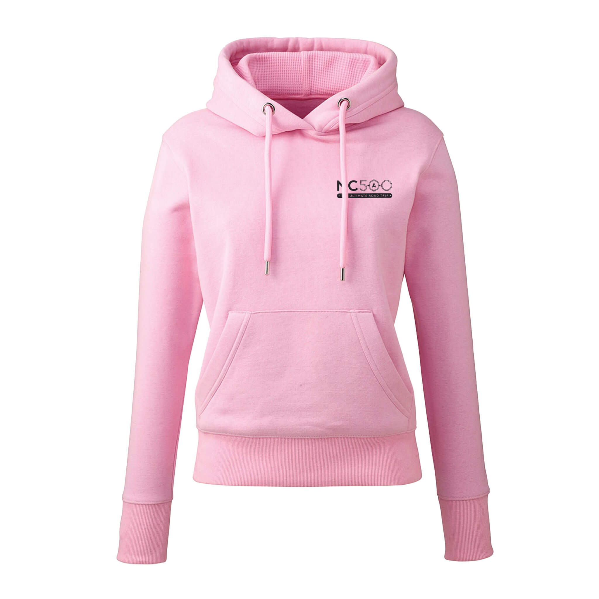 Front view of women's pink organic cotton hoodie with NC500 printed on left chest