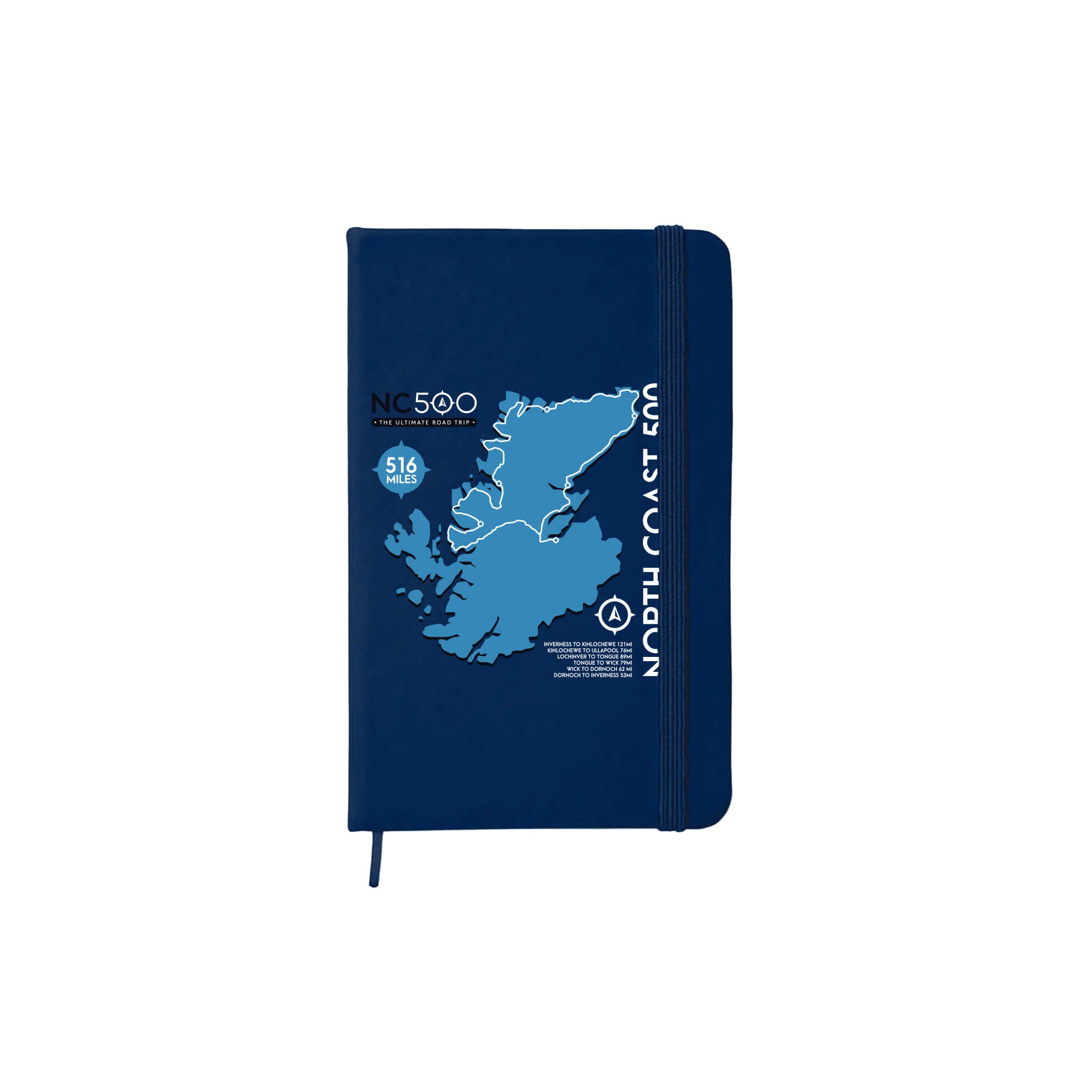 A5 Notepad with ribbon marker and elasticated closure printed with graphic of North Coast 500 route