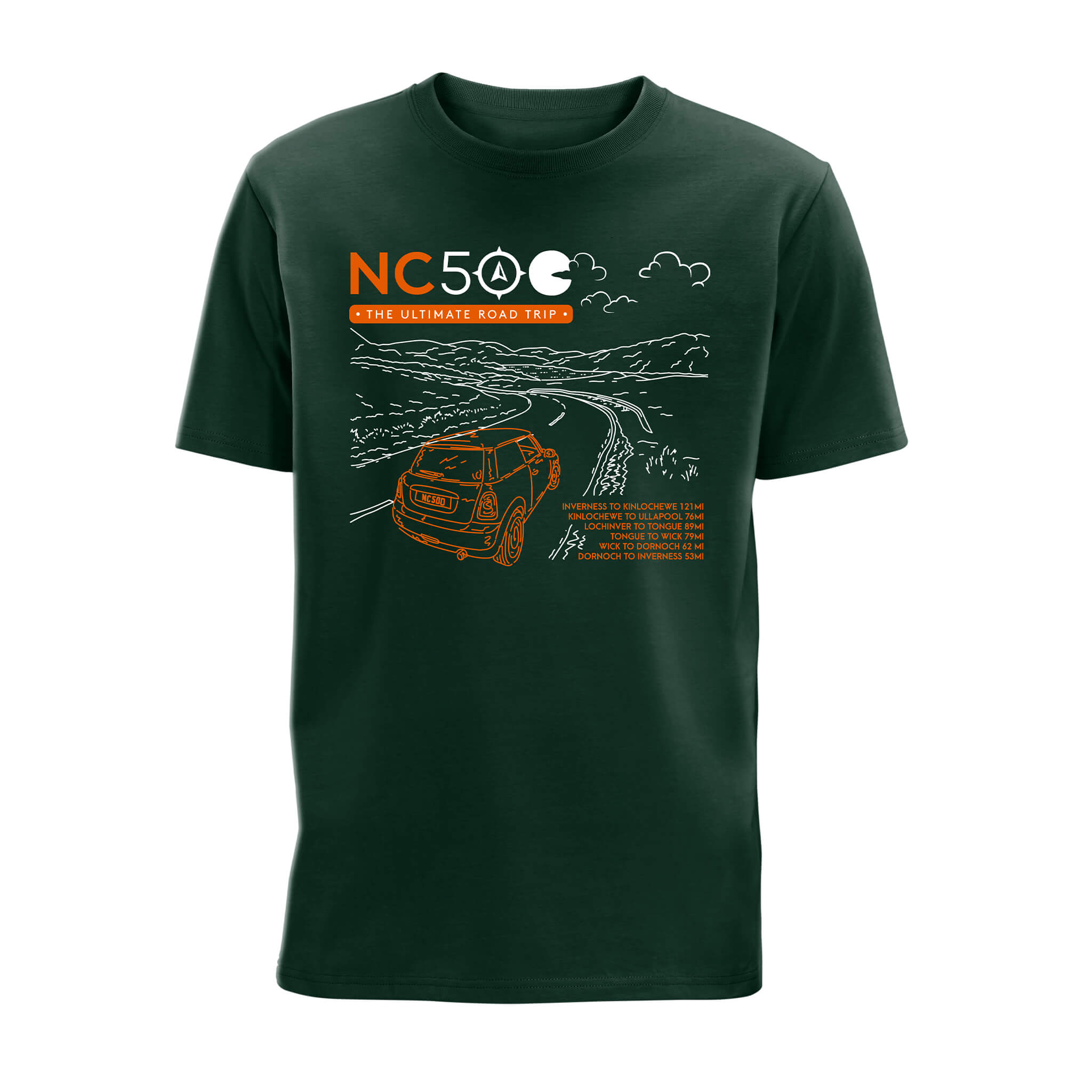 Forest green organic cotton t-shirt featuring a graphic of a car on the North Coast 500, and a list of key distances of key segments of the route.