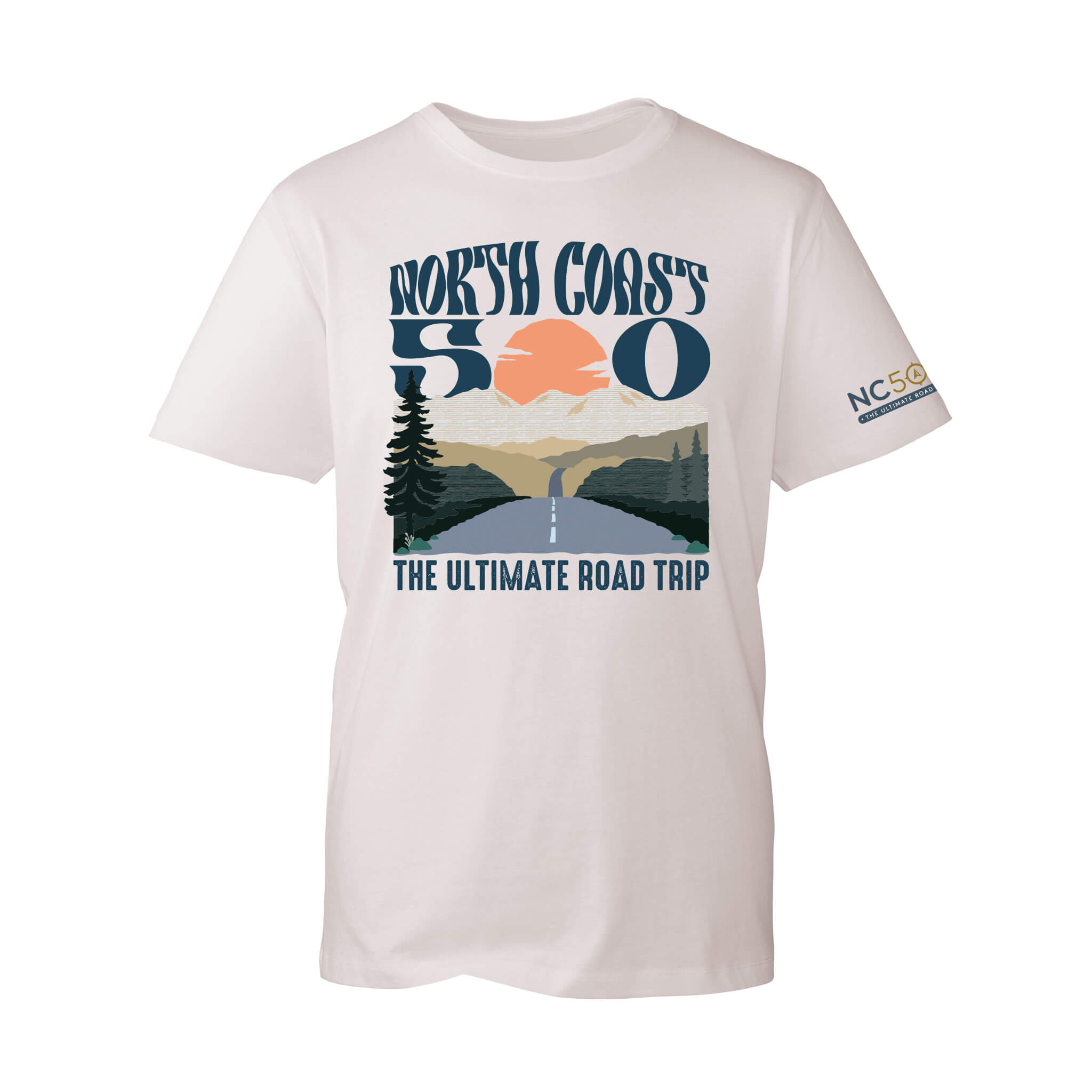 Front view of eco raw organic cotton t-shirt with NC500 Into The Sunset graphic.