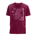 Front view of burgundy organic cotton t-shirt with graphic of North Coast 500 route