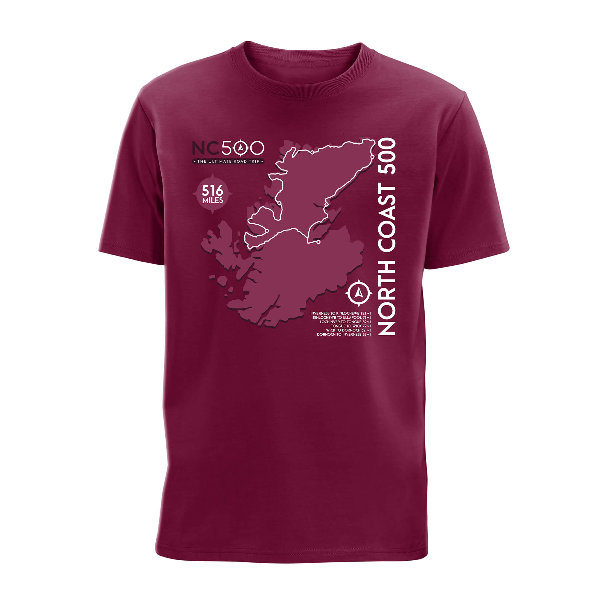 Front view of burgundy organic cotton t-shirt with graphic of North Coast 500 route