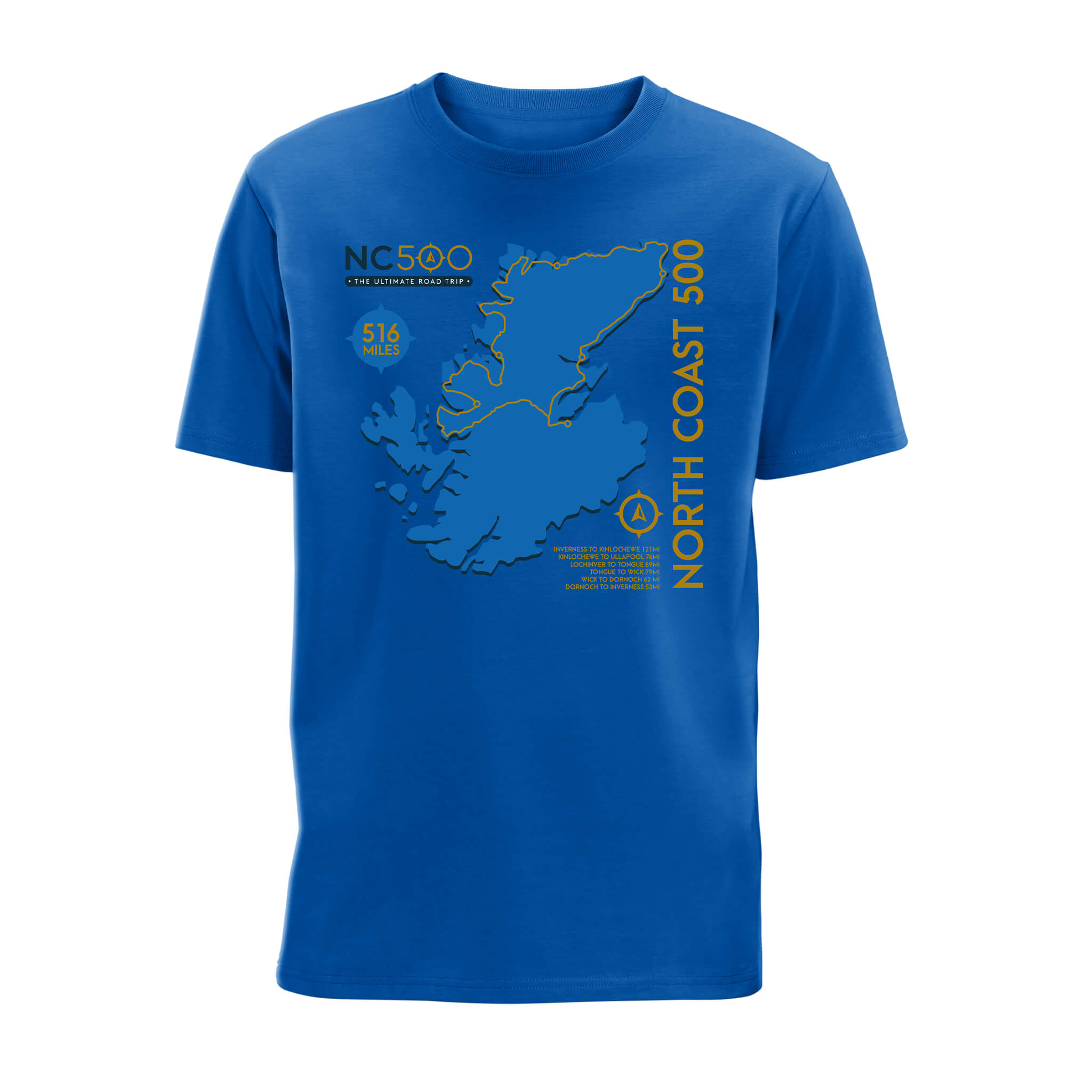 Font view of royal blue organic cotton t-shirt with graphic of North Coast 500 route