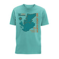 Front view of teal organic cotton t-shirt with graphic of North Coast 500 route