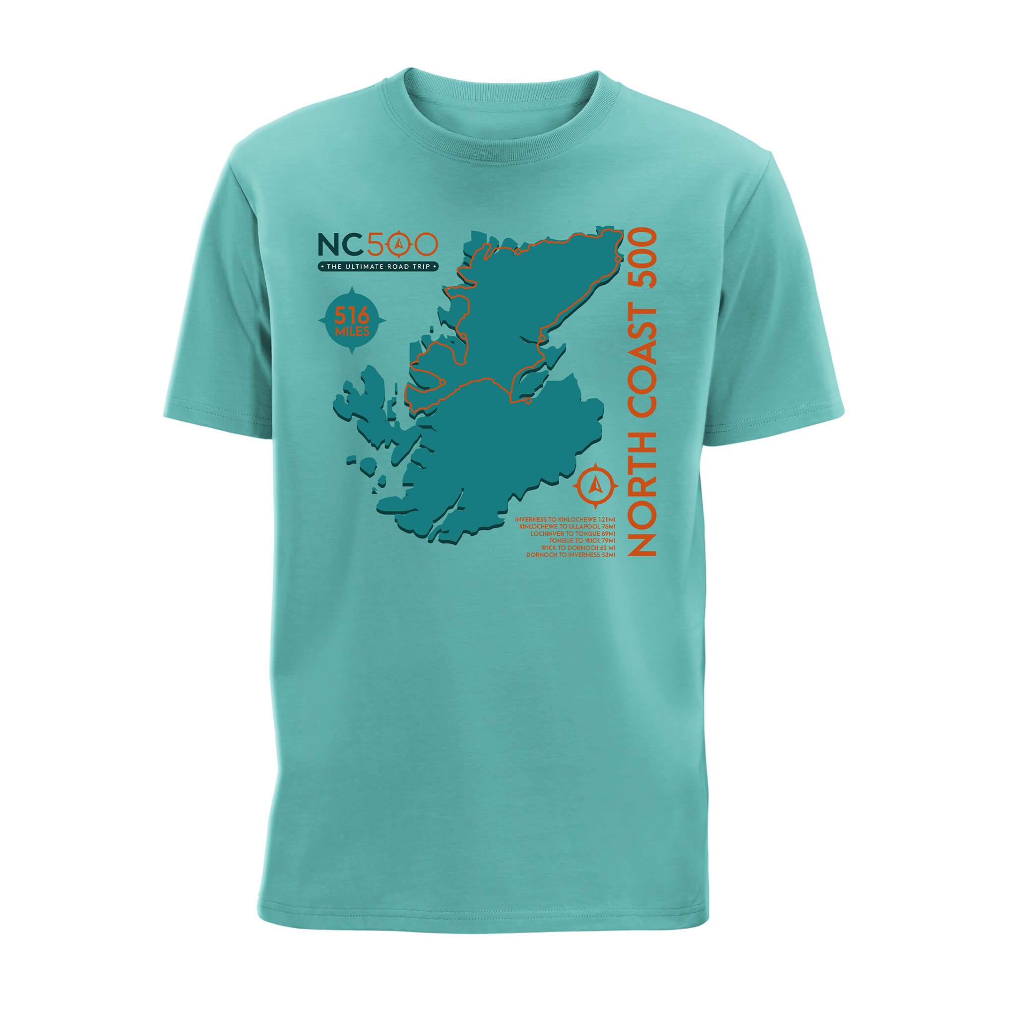 Front view of teal organic cotton t-shirt with graphic of North Coast 500 route