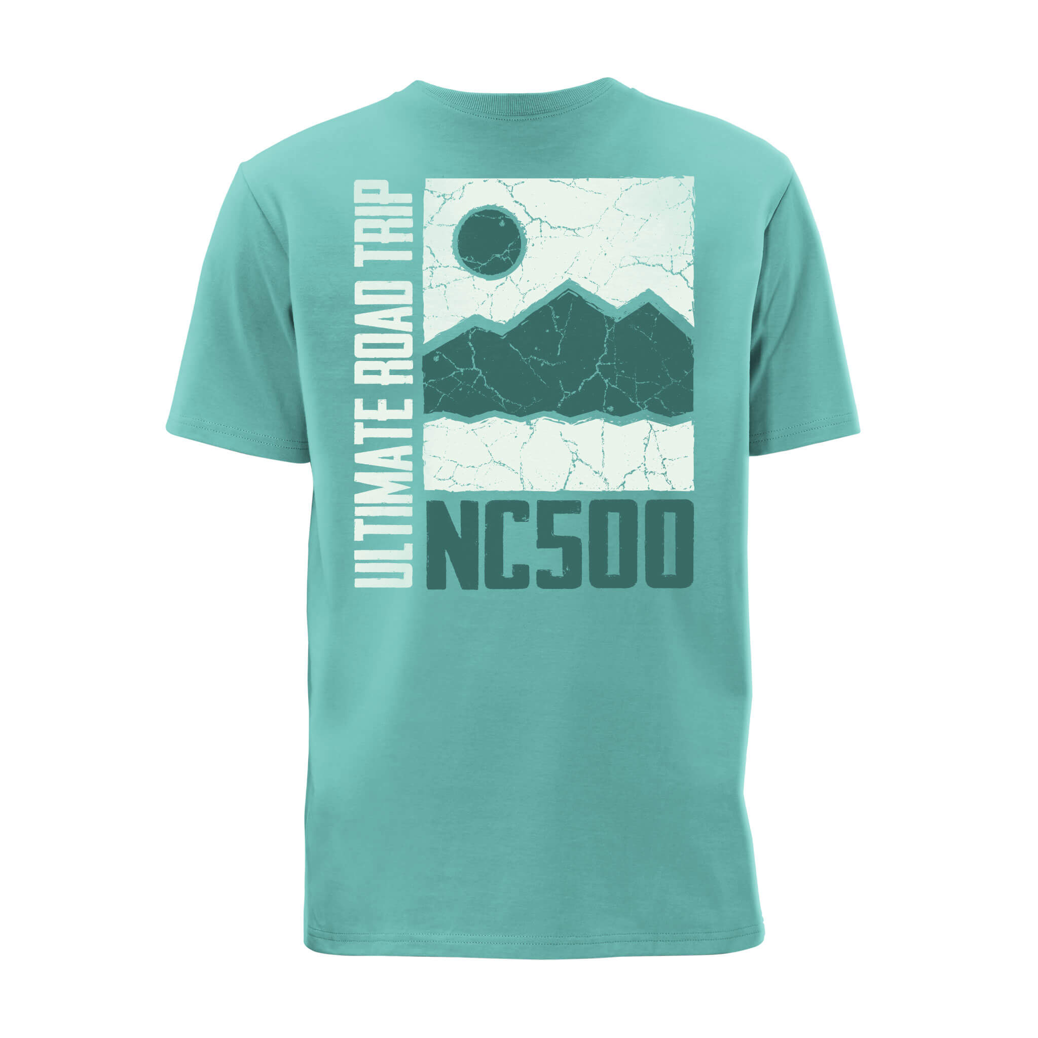 Back view of teal organic cotton t-shirt printed with NC500 Road Trip graphic