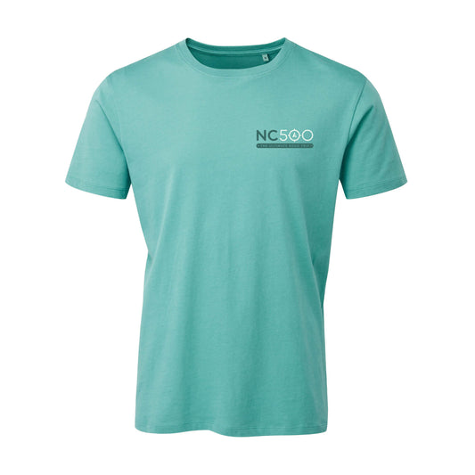 Front view of teal organic cotton t-shirt with NC500 logo on left chest.
