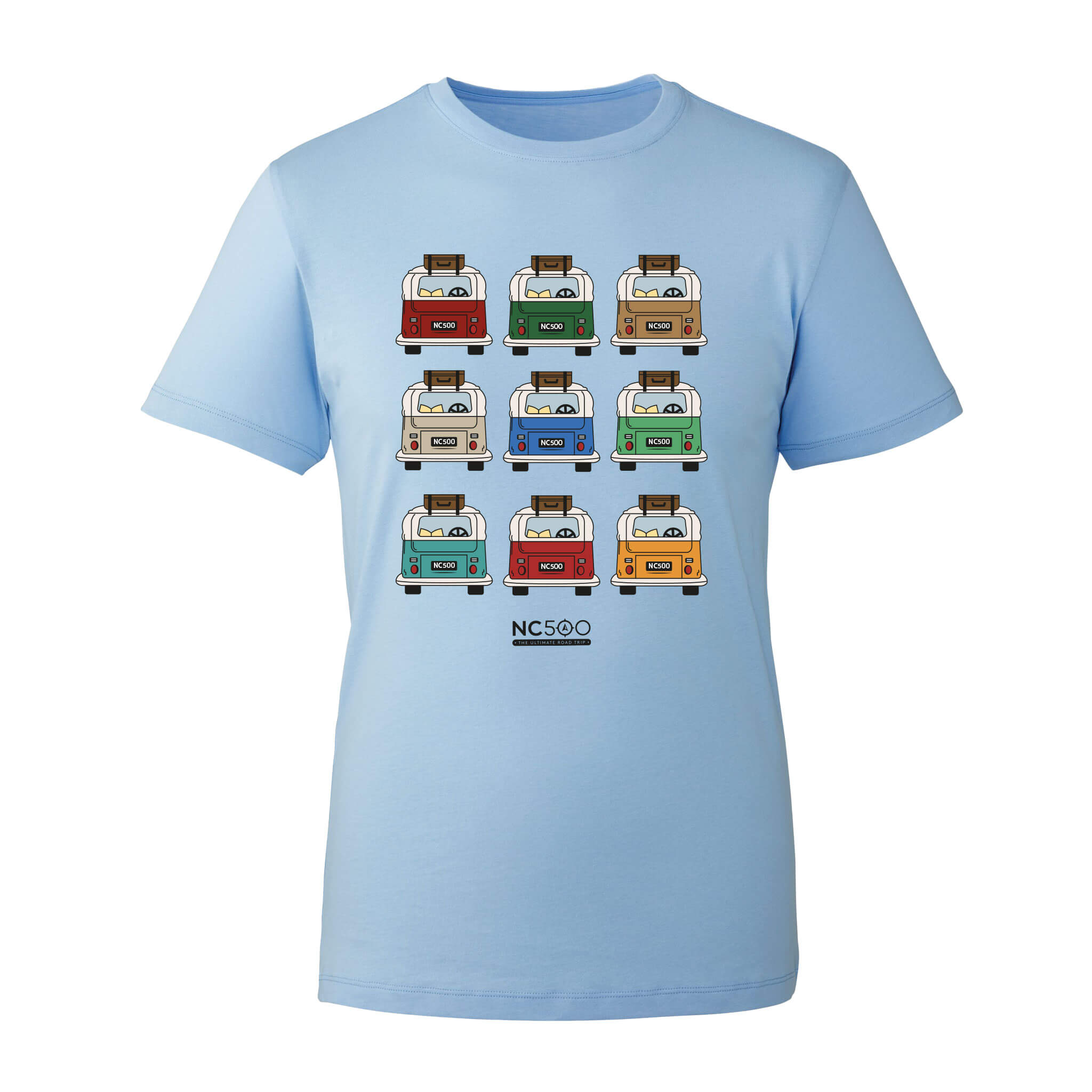 Front view of light blue -shirt printed with NC500 Van Life graphic of VW Campervans in different colours.