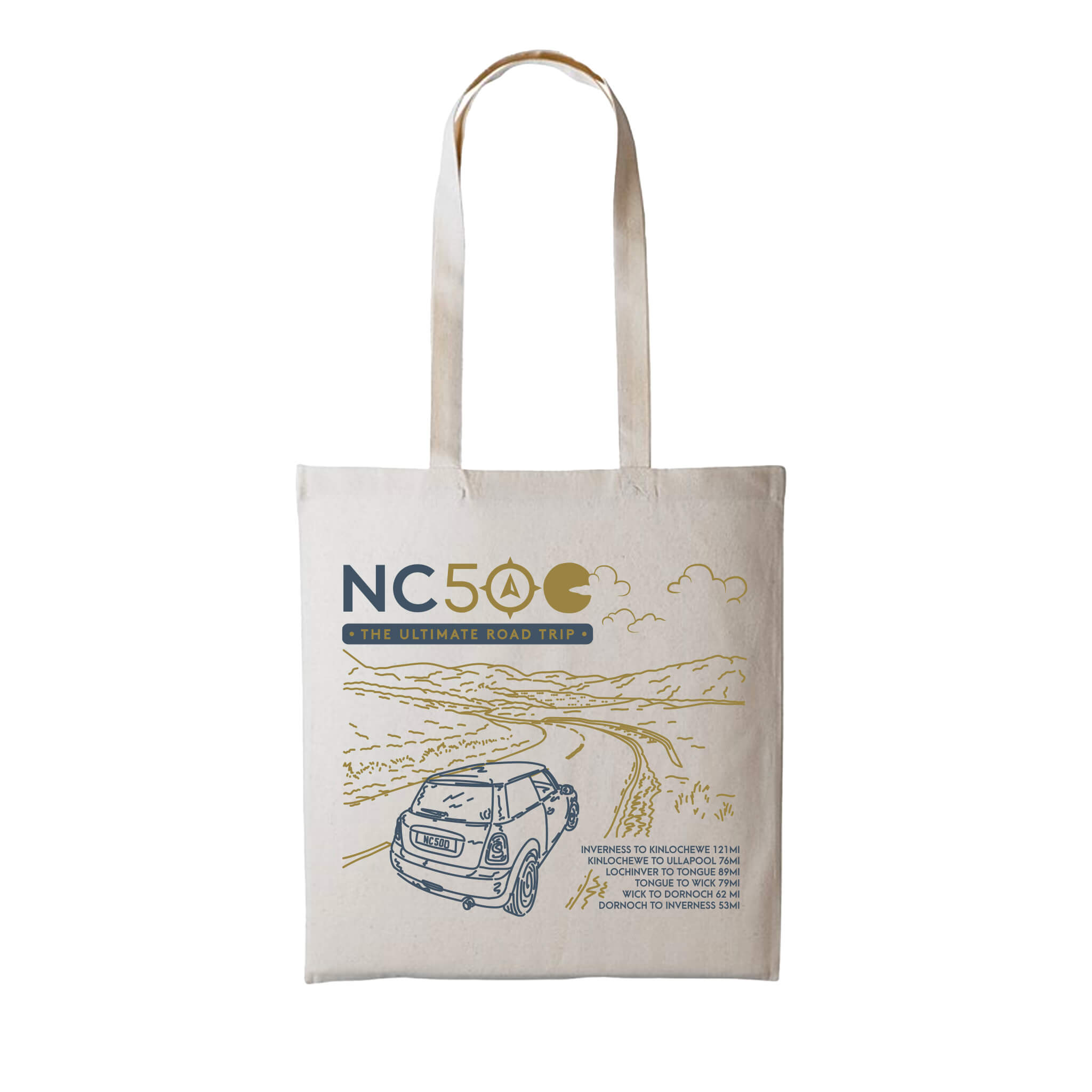 Natural coloured cotton tote bag featuring a graphic of a car on the North Coast 500, and a list of key distances of key segments of the route