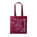 A burgundy cotton tote bag with graphic of North Coast 500 route