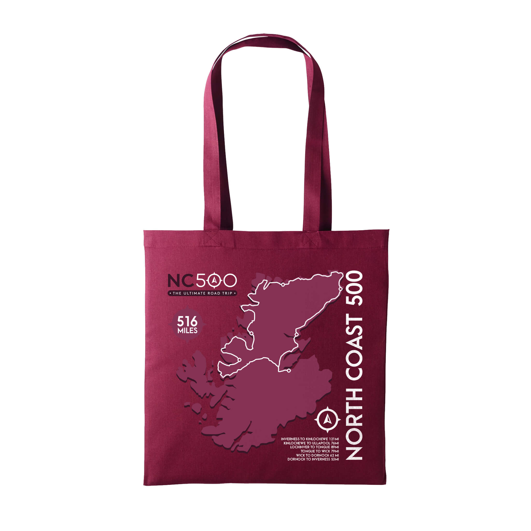 A burgundy cotton tote bag with graphic of North Coast 500 route