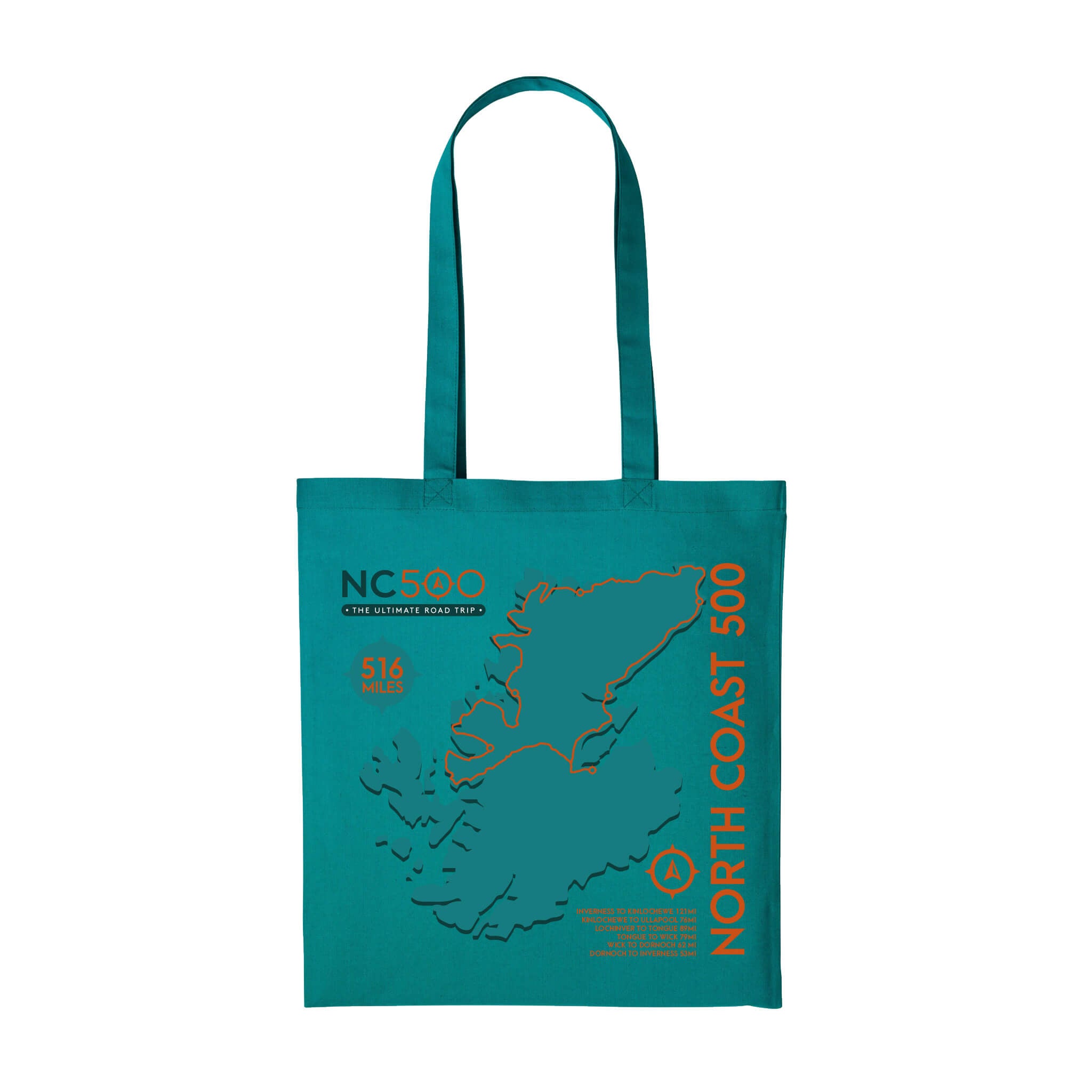 A jade green cotton tote bag with graphic of North Coast 500 route