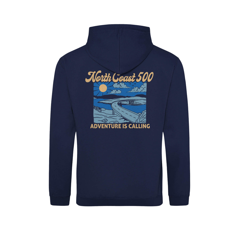 Adventure Is Calling Organic Cotton Hoodie - Navy - Back View - North Coast 500