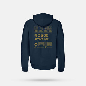 Navy NC500 Traveller zipped hoodie back view showing lavel design back print