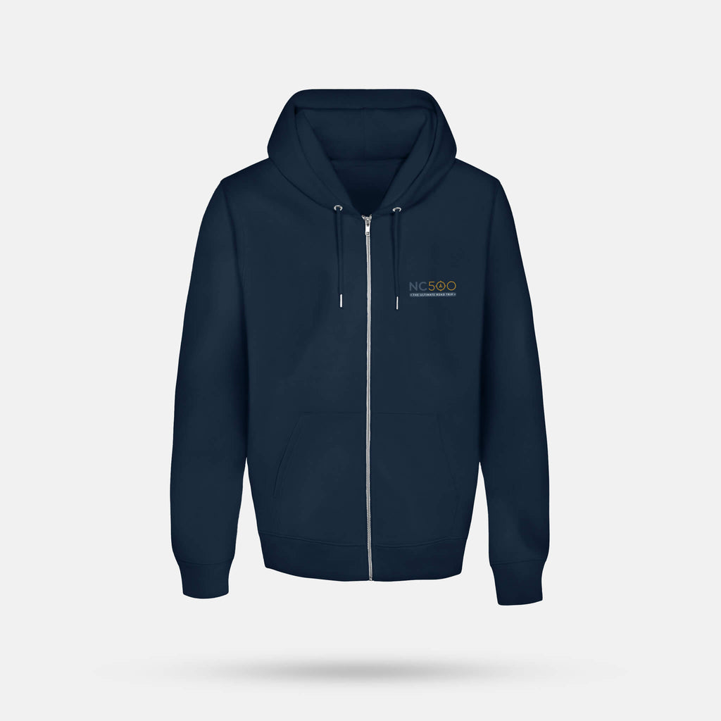 Navy NC500 Traveller zipped hoodie front view showing logo on left chest